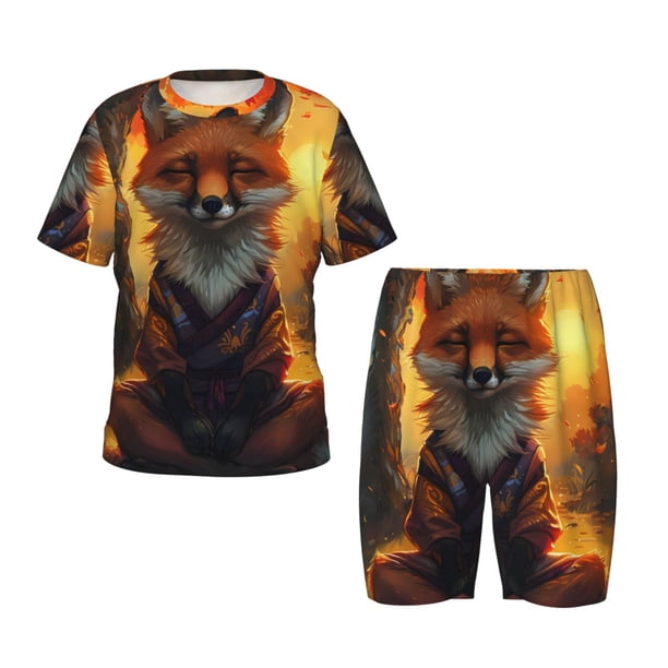 Balery Sunset Maple Tree Fox Conjunto de Pijama Infantil de Manga Corta con Estampado – Ropa de Dormir de Algodón Suave-XX-Large