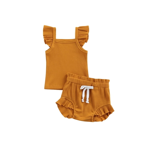 Qmyliery Infant Girl Ribbed Clothe Casual Set, Pure Color Bodysuit + Drawstring Shorts