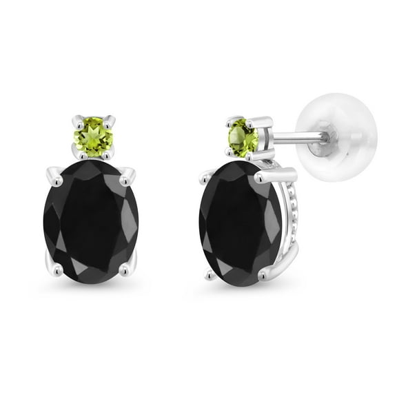 Gem Stone King 14k White Gold Black Sapphire and Green Peridot Earrings for Women (3.46Cttw, GemstoneSeptember Birthstone, Oval 8X6MM, Round 2.5MM)