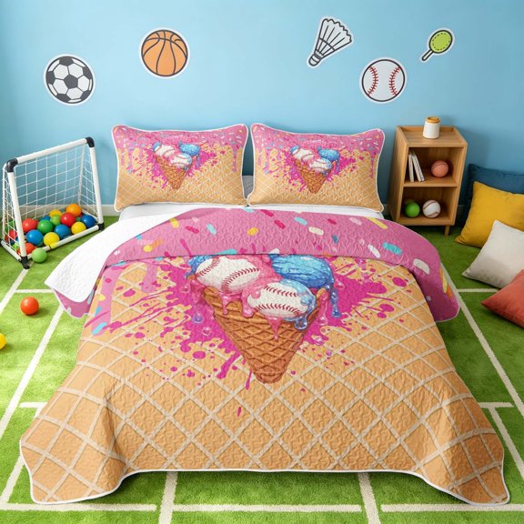 Manfei Cute Baseball Twin Quilt Set, Sport Twin Coverlet Set, Hot Pink Blue Tan, Pink Reversible 2pcs, 1 Bedspread and 1 Pillowcase