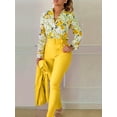thumbnail image 2 of Conjunto De Dos Piezas Elegante, Blusa De Manga Larga Con Cuello En V Estampada Con Flores Y Pantalones Cónicos Con Cinturón Sólido, Ropa De Mujer, 2 of 4