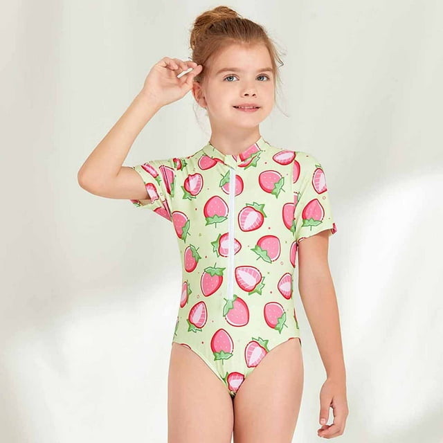 LSLJS Maillot de Bain pour Bébé Fille Maillot de Bain pour Enfants Imprimé Fraise Manches Courtes Surf Fermeture Éclair une-Pièce Maillot de Bain Tenue de Bain, Maillot de Bain pour Bébé