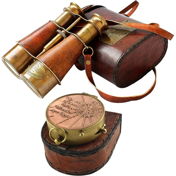 Nautical Victorian Marine Binocular Leather Case Brass Copper Quote Compass Stylish Handmade Orange Brass Pocket Compass Portable Leather Cover gift