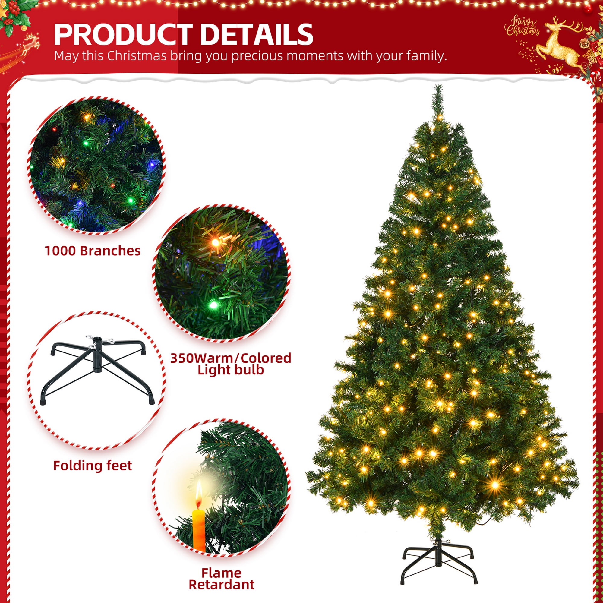 6 FT Pre-lit Artificial Christmas Tree, Hinged Xmas Pine Tree with 1000 Branch Tips, 350 Lights and Remote Control for Holiday Party Office Home, Green