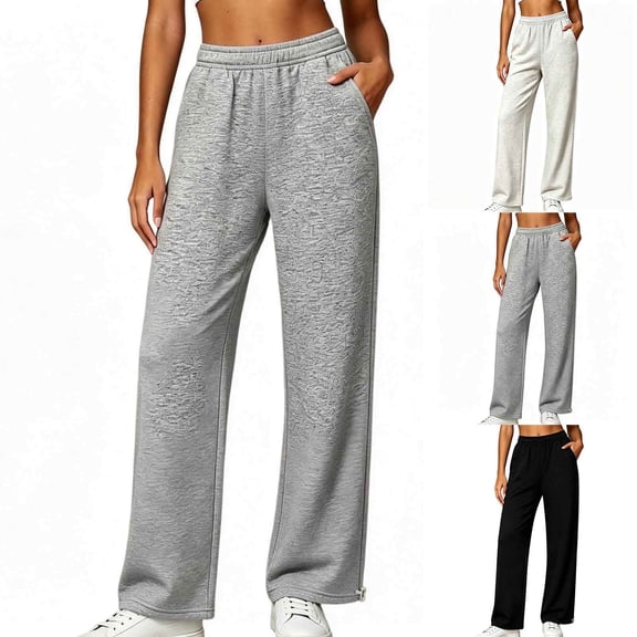 Vynhevius Women Solid Sweatpants Straight‑Leg Elastic Waist Pockets Loose Fit Casual Homewear Long Trousers