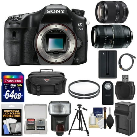 Sony Alpha A77 II Wi-Fi Digital SLR Camera Body with 18-135mm & 70-300mm Lens + 64GB Card + Battery/Charger + Case + Tripod + Flash + Kit