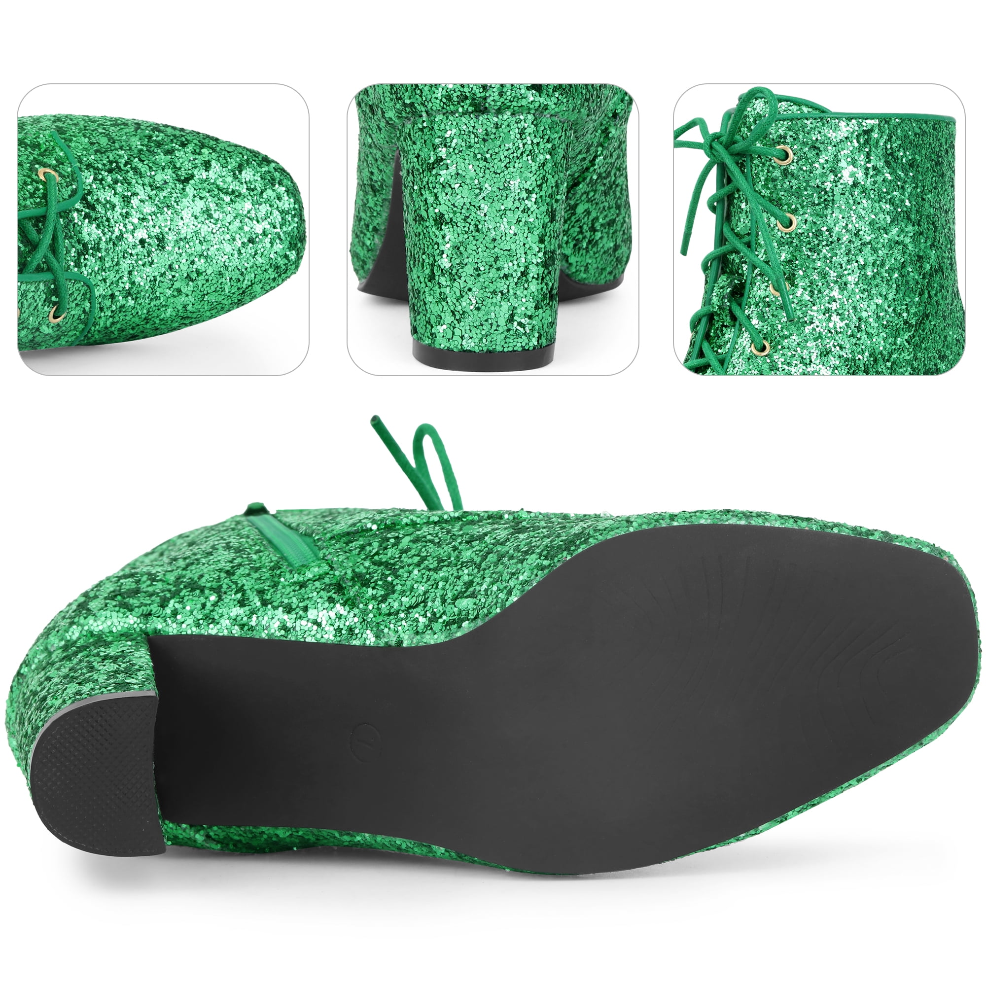 DARING DIVA Women's Square Toe Glitter Block Heels Ankle Boots Green 5.5