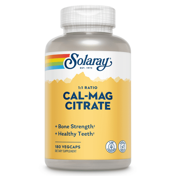 Solaray Calcium Magnesium Citrate 1:1 Ratio, Healthy Bones, Teeth, Muscle & Nervous System Support, 30 Serv, 180 VegCaps