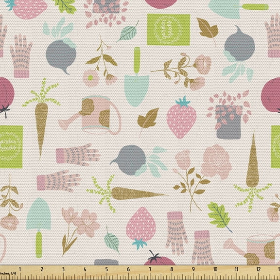 Garden Fabric by the Yard, Plants Flowers Gloves Shovel Rose Bouquets Carrots Farming Strawberry Vegetable, Decorative Upholstery Fabric for Chairs & Home Accents, Multicolor by Ambesonne