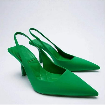 

ZA2022 Spring New Pointed Stiletto Heel Mid-Heel Single Shoes Rear Empty Baotou Sandals High Heels Green Large Size Women‘s Shoes