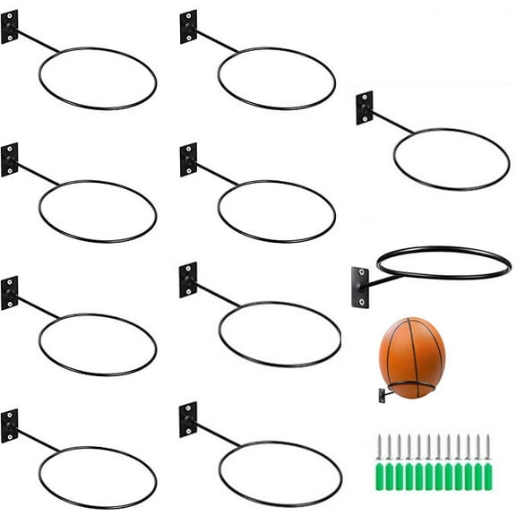 10 Packs Basketball Holder Wall Mount, Threan Mounted Ball Wall Storage Display Ball Storage Universal Ball Rack Metal Ball Holder for Basketball Football Volleyball Soccer Storage Display Black