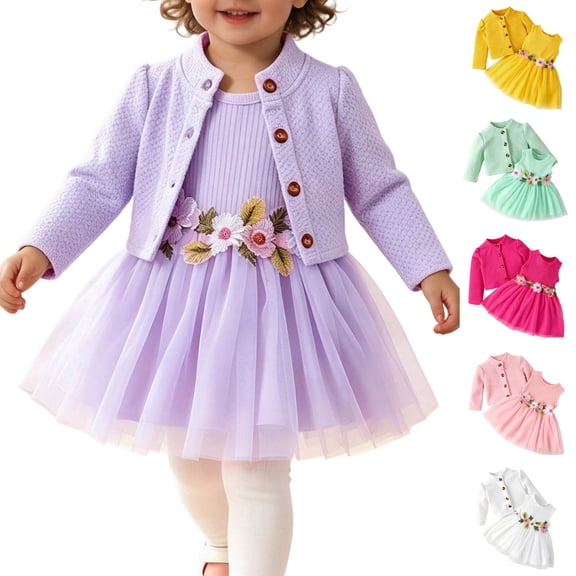 Toddler Girl 2 Piece Princess Outfit Long Sleeve Knit Cardigan Floral Waist Sleeveless Tulle Dress Fall Clothes Set for 3 Months To 3 Years Yellow