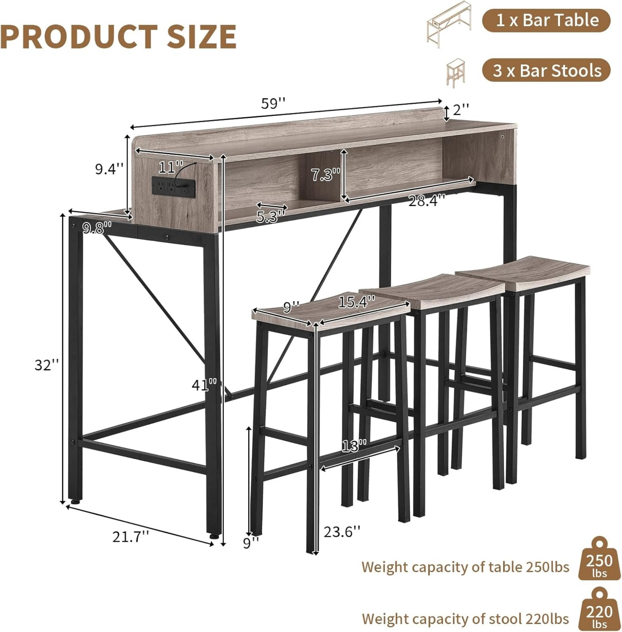 AENKYO 59" 4-Piece Sofa Bar Table and Chair Set, Dining Table with 3 Saddle Stools, Charging Station & LED Lights, Antique Gray