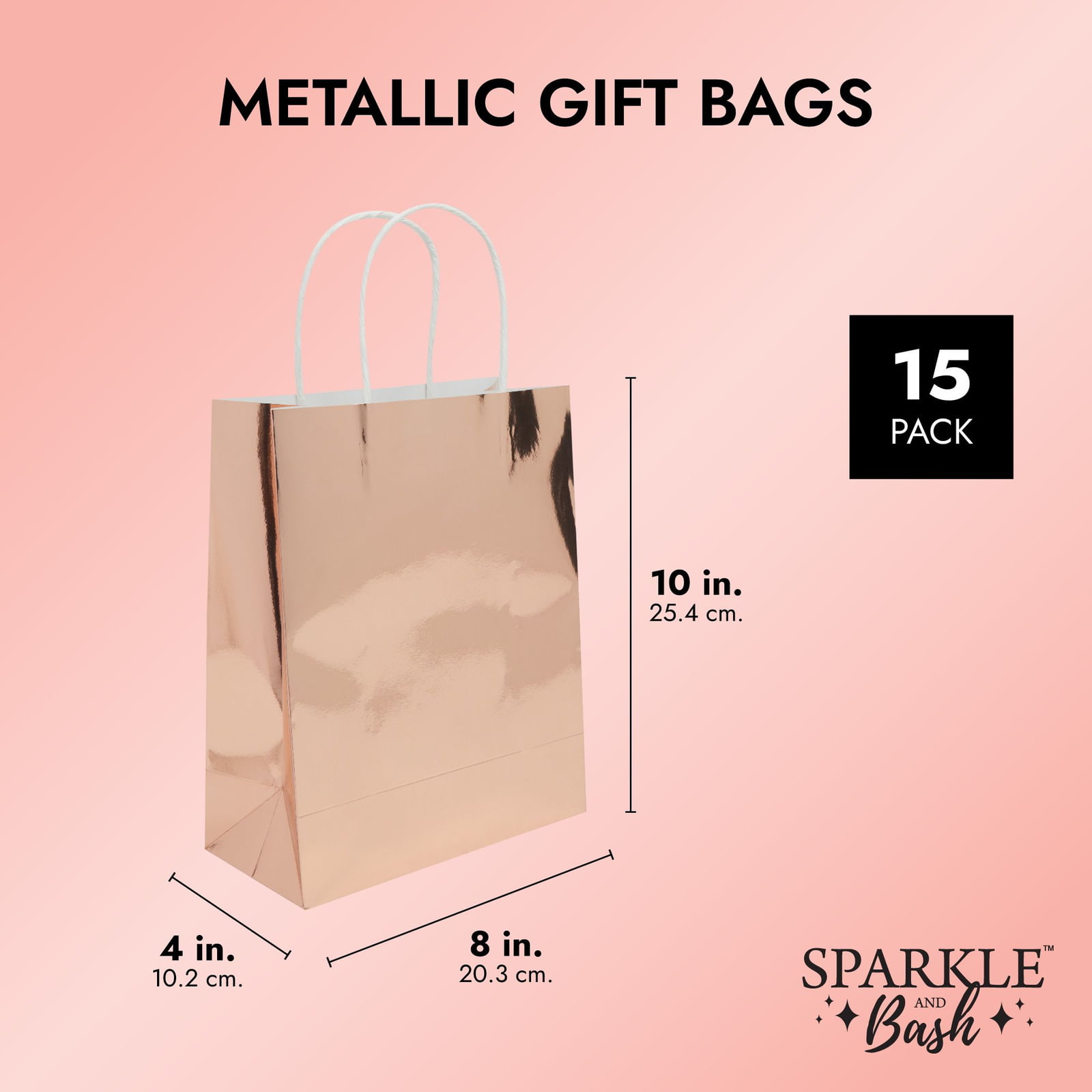 Sparkle and Bash Metallic Party Favor Gift Bags (15 Pack) Rose Gold, 8