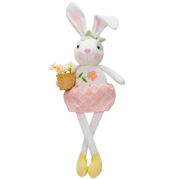 HuiXinOu Easter Plush Bunny Doll with Carrot Basket, Cute Stuffed Animal Holding Veggie Flowers, Decorative Table Ornament for Spring Festival