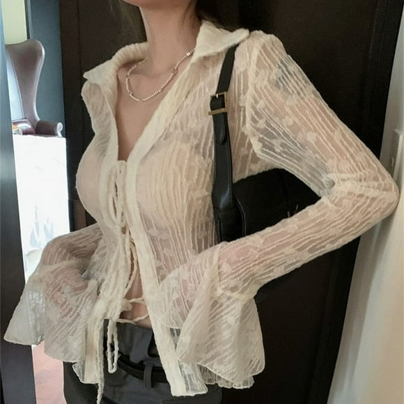 Sexy Transparent Blouse Women Lace Korean Fashion Long Sleeve See Through Black Goth Slim Shirts Y2k Aesthetic - White / L