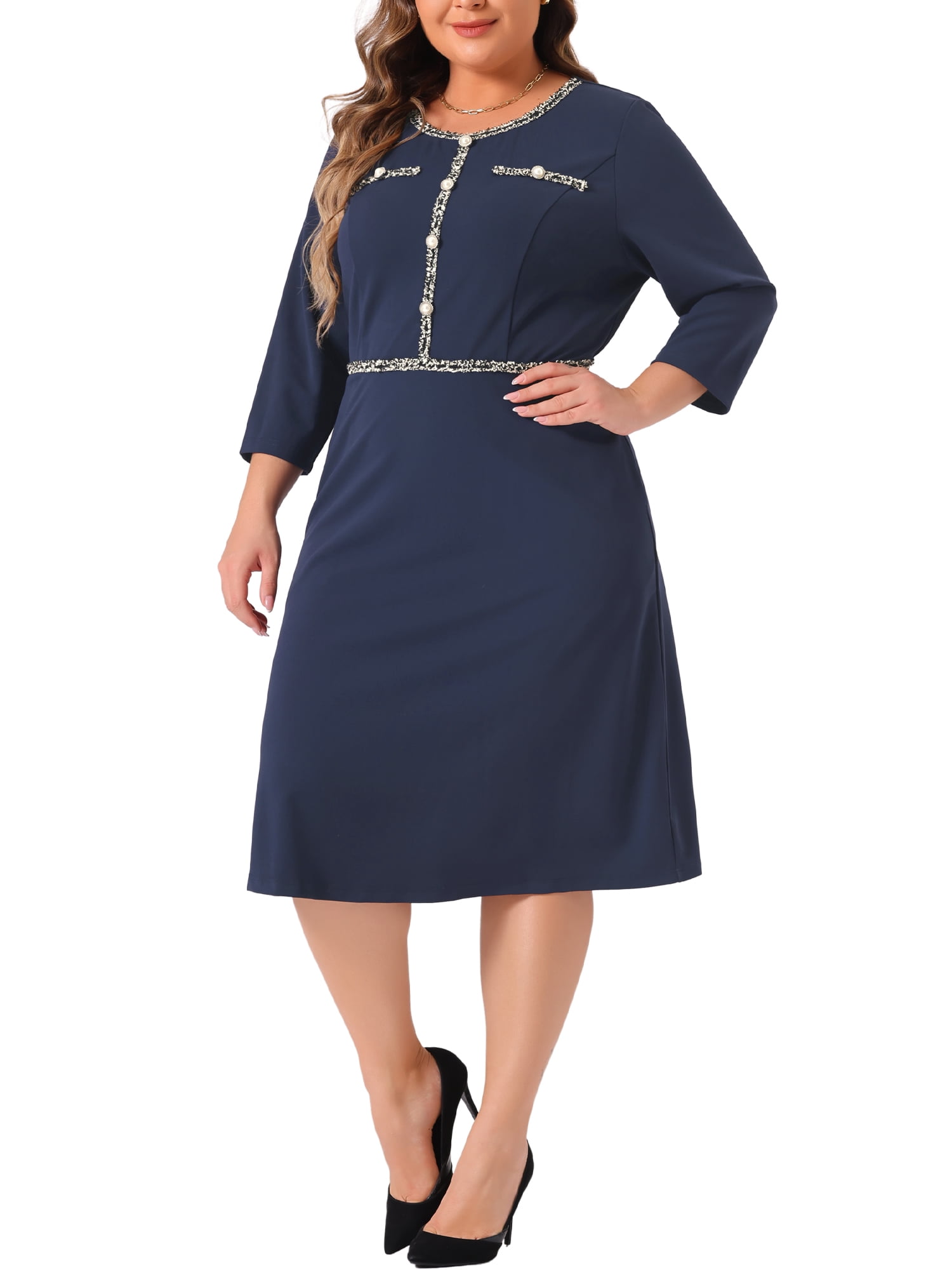 DARING DIVA Plus Size Crew Neck 3/4 Sleeve Vintage Cocktail Dress 1X Dark Blue