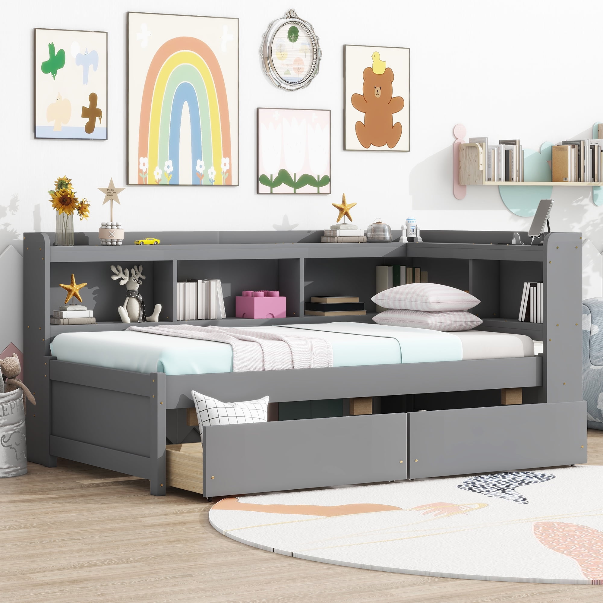 Sailvan Twin Size L-shaped Bookcases Bed with Power Outlets, USB Charging Ports,Two Drawers