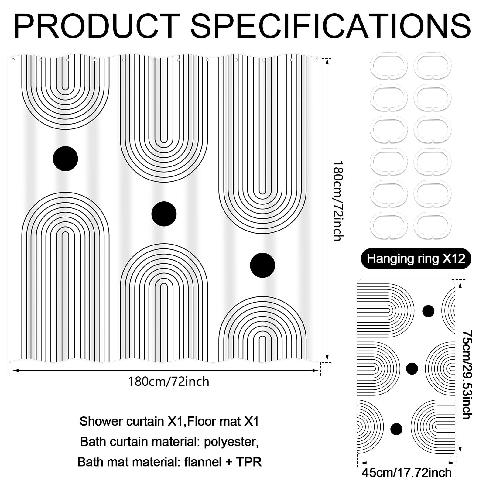 Dznils Boho Fabric Shower Curtains and Bath Rug Set, Modern Bathroom Curtain Sets, White, 72" x 72"