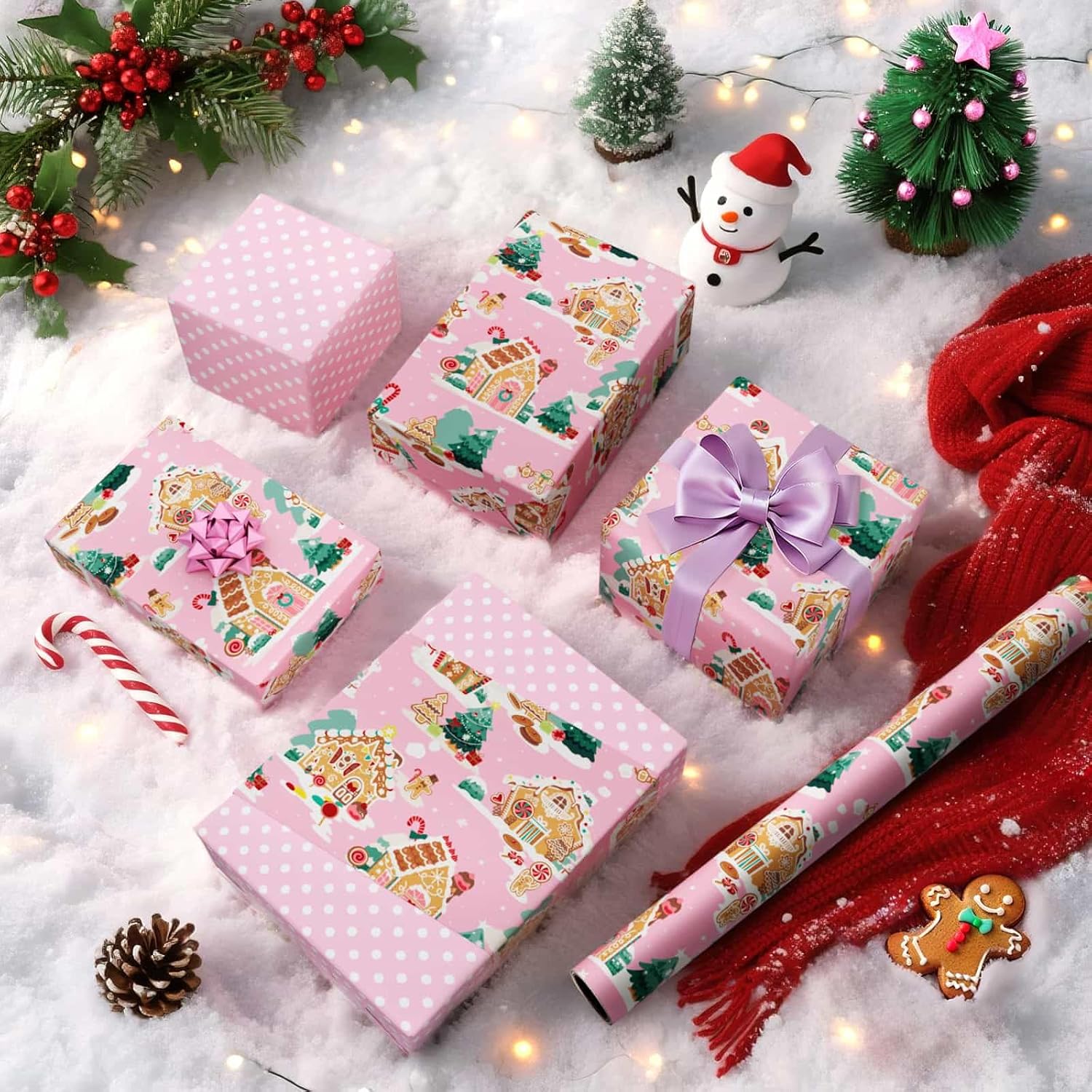 Christmas Wrapping Paper - 1 Roll 17”x 33 ft Gingerbread House Wrapping Paper Roll Reversible Christmas Tree Gift Wraps for Kids Girls Xmas Winter Holiday Party Pink Polka Dot Design