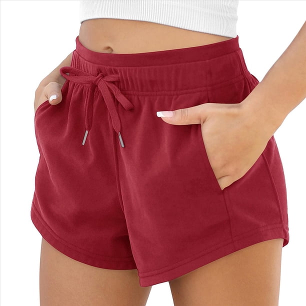 Pantalones Cortos Deportivos para Mujer con Bolsillos, de Algodón Francés, con Cordón Ajustable, para Hacer Ejercicio en Verano, Informales y Cómodos. Vino Tinto XL