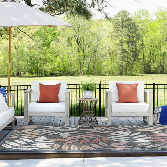 5x7 Water Resistant, Indoor Outdoor Rugs for Patios, Front Door Entry, Entryway, Deck, Porch, Balcony | Outside Area Rug for Patio | Black, Floral | Size: 5'1'' x 7'3''