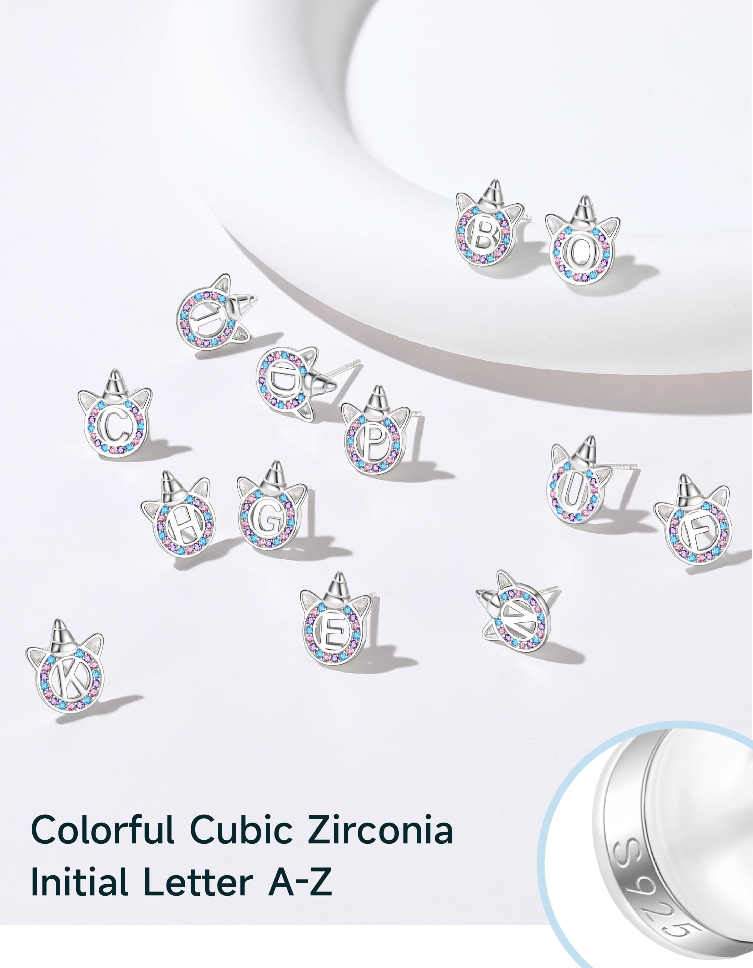 Just Being Cute Unicorn Earrings for Girls Women, Real 925 Sterling Silver Initial A Stud Earrings Birthday Graduation Mothers Day Jewelry Gifts Teen Her Mom Adults Kids Age