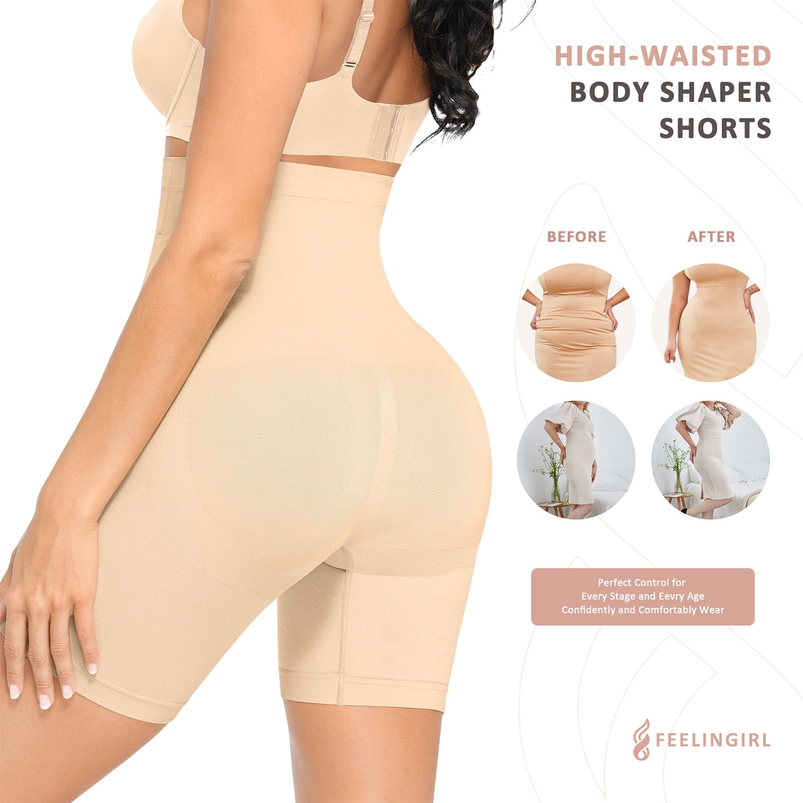 FeelinGirl Women's Seamless Comfort Mid-Waist Tummy Control Shaping Shorts, Sizes XS-4XL