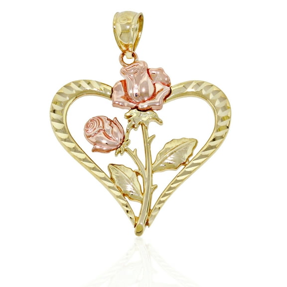 Charm America - Gold Roses inside Diamond-cut Heart Charm - 10 Karat Solid Gold