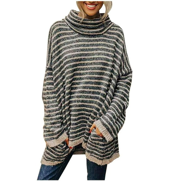 QIPOPIQ Womens Sweaters Clearance Drop Shoulder Sweater Winter Casual Solid Color Turtleneck Long Sleeve Knitting Loose Sweater Top Knitwear Black L