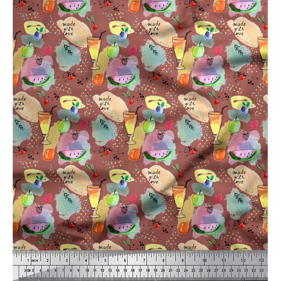 Soimoi Satin Silk Fabric Juice & Fruits Watercolor Printed Fabric 1 Yard 42 Inch Wide