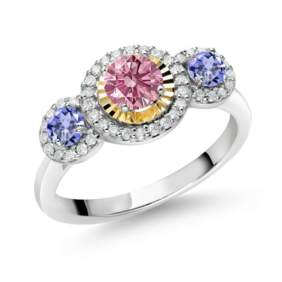 Gem Stone King 0.87 Ct Pink Lab Grown Diamond Blue Tanzanite 925 Silver and 10K Yellow Gold 3 Stone Women Engagement Ring (Size 9)