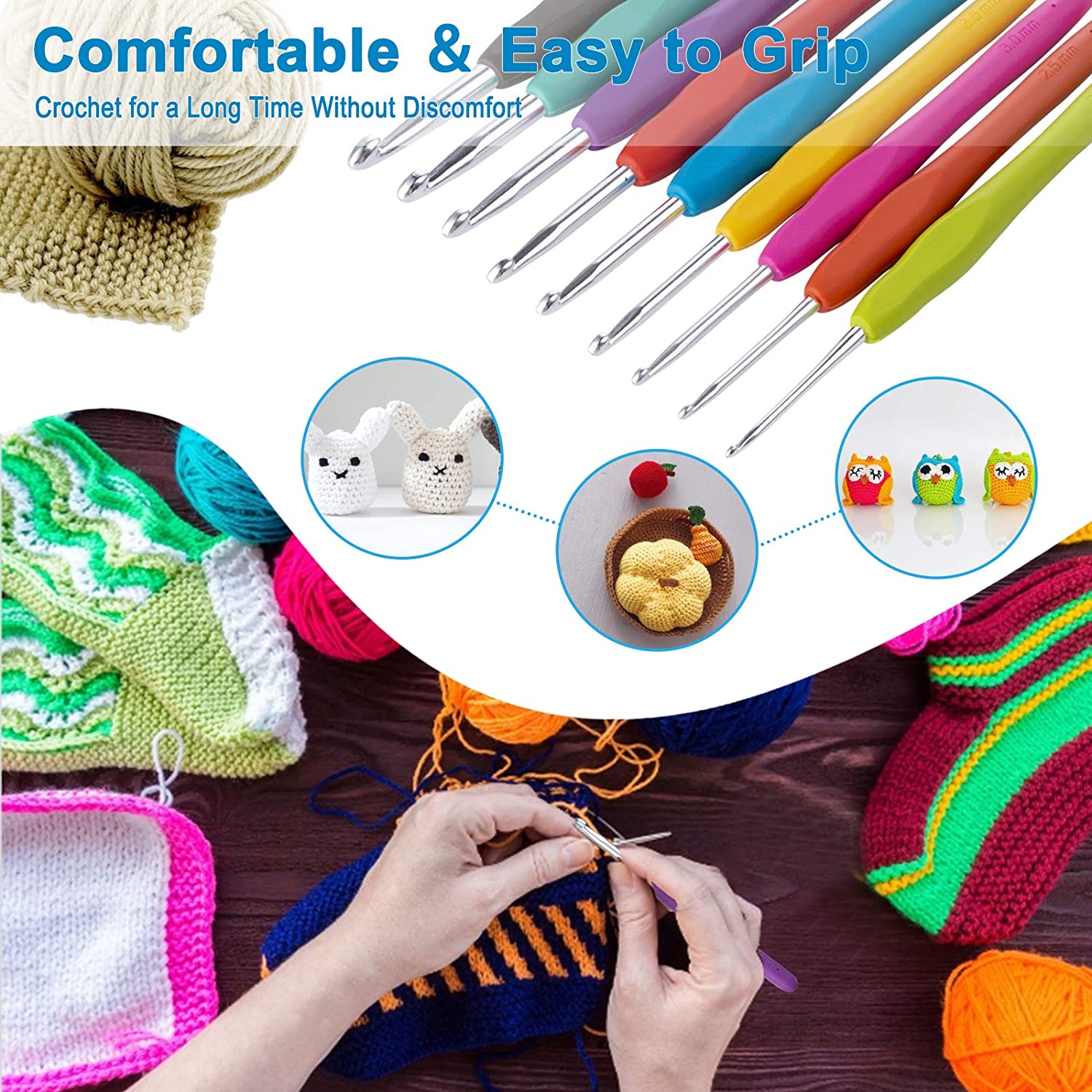 Vodiye No. 14 crochet hook set, sizes 2.0–10.0 mm, colorful metal crochet hooks, ergonomic design, comfortable to use
