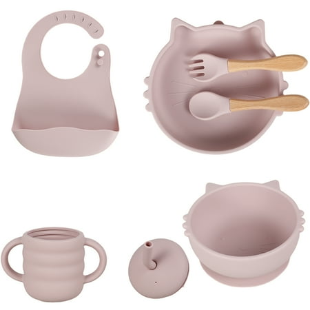 

7Pcs Baby Feeding Set Silicone Baby Feeding Supplies with Bib Plate Bowl Spoon Fork Cup and Straw Safe Toddler Utensils Set Cute Cat Shape Toddler Eating Utensils Dish Set for Baby