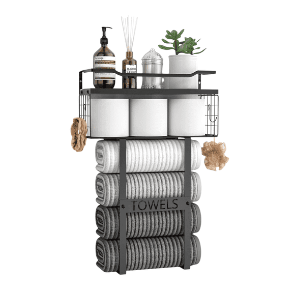 Wall Mounted Towel Rack with Shelf and Basket, Black Metal Wood Vertical Bathroom Storage