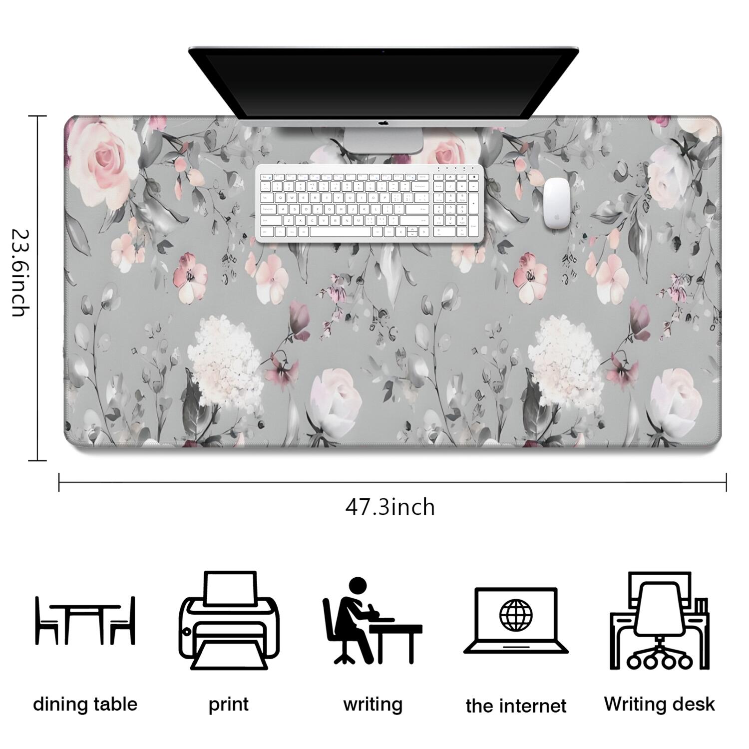 Long Mouse Pads for Desk,Pioneer Flower Floral Print Pattern Desk Mats on Top Of Desks, Desk Mouse Pad Extra Large with 3mm Non-Slip Base and Stitched Edge for Gaming,Office,Work,Home 47.3"x23.6"