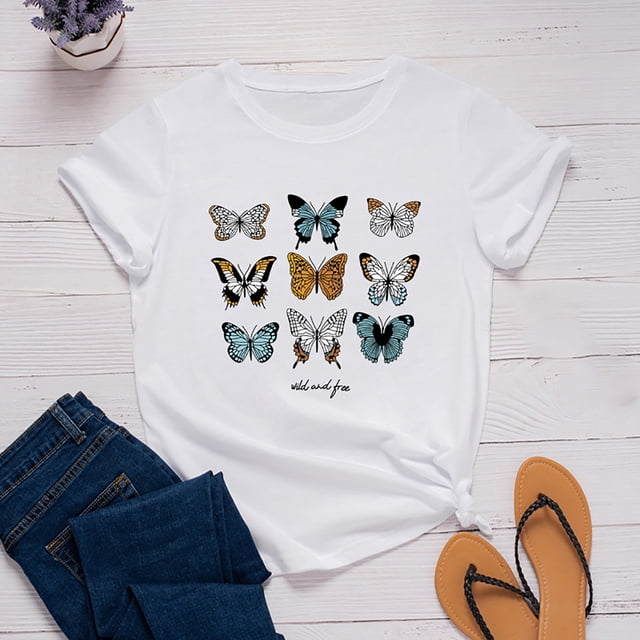 SMihono Hauts pour Femmes Été Décontracté Mode Féminine Décontracté Ample Imprimé Papillon Col Rond T-Shirt Grande Taille