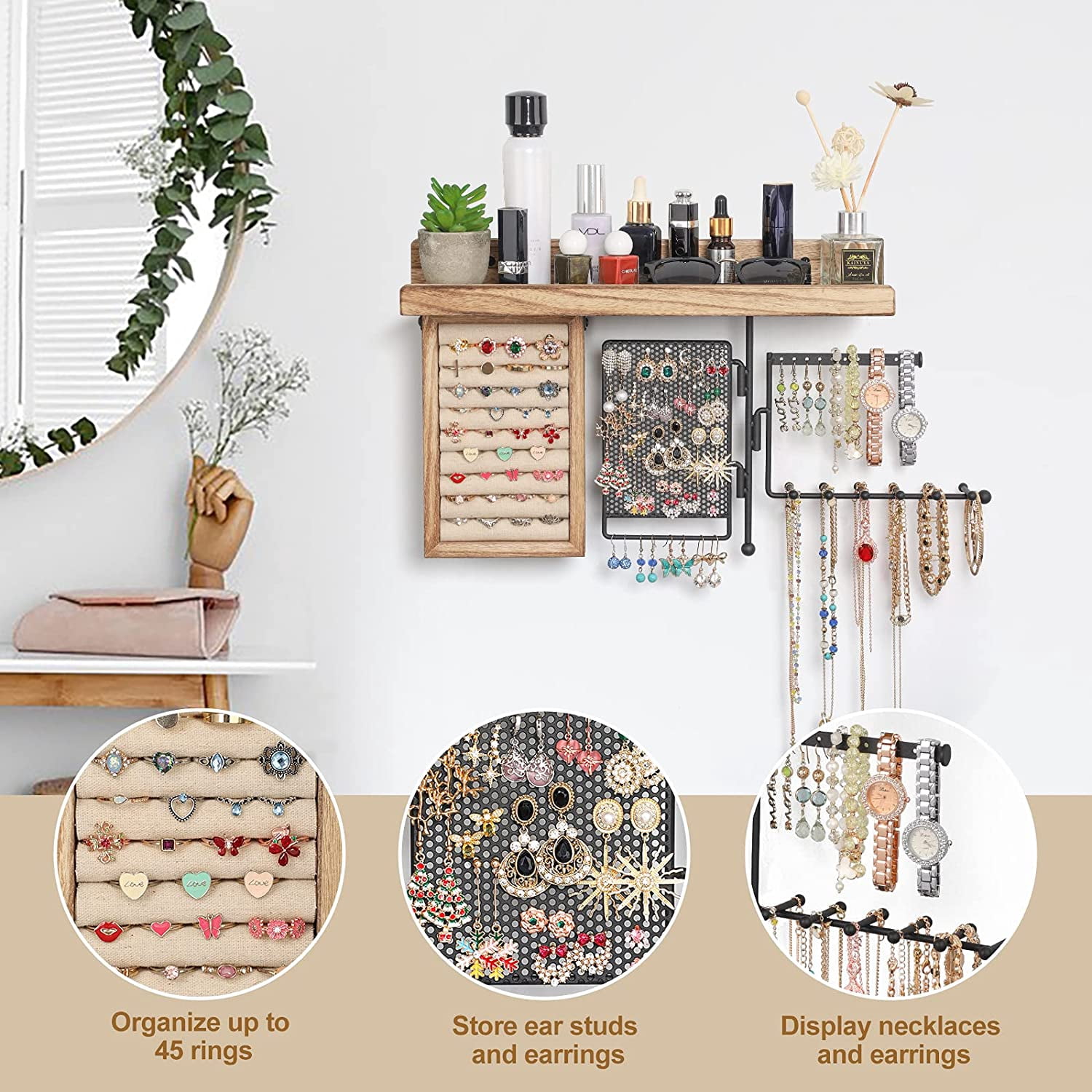 Hanging Jewelry Organizer Wall Mount with Rustic Wood Shelf, Ring Display Box, Ear Studs Earring Holder, Rotating Necklace Holder Organizer