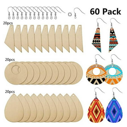 WE-POLUJ 60 Pcs Fashion Unfinished Wooden Earrings Blank Multi-shape Pendants DIY Jewelry