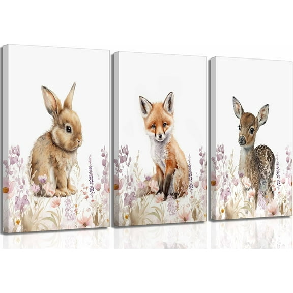 Hieng 3 Pcs Safari Animals Nursery Canvas Wall Art Girl Animal Floral Woodland Watercolor Prints Pictures Wall Decor Rabbit Fox Deer Watercolor Poster Printing Artwork for Girls Room Home Decoration