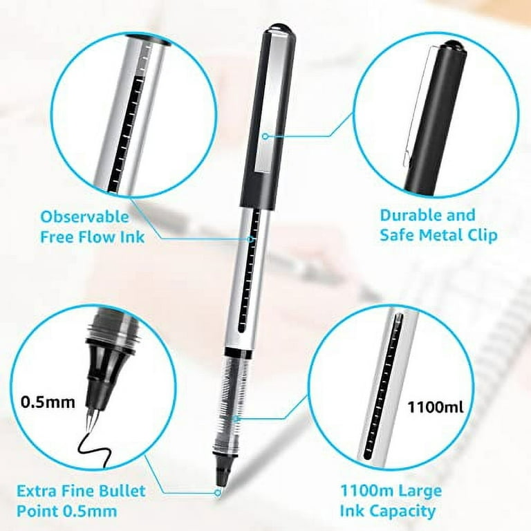 Rollerball Pen Fine Point Pens: 16 Pack 0.5mm Extra Thin Fine Tip pens  Black Gel Liquid Ink, Rolling Ball Point Writing Pens for Note Taking