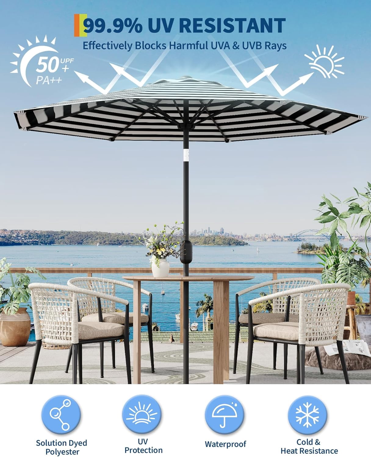 Memoryfield 9FT Outdoor Patio Umbrella with 8 Ribs, Push Button Tilt & Crank, Striped Market Umbrella, UV Protection Waterproof for Pool, Deck, Garden, Black & White