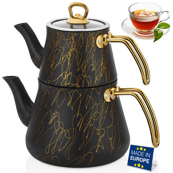 Hakan Black-Gold Avangarde Granite Teapot Set, Keeps Heat, Stovetop Safe, Stainless Steel Handle, 42.3 oz Tea Pot with Lid and 93 oz Water Kettle