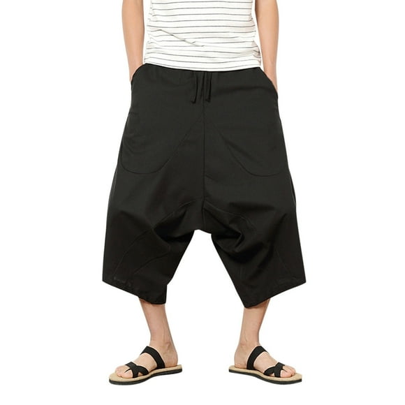 toraway Summer Men Cargo Pants Black Men Summer Casual Drawstring Mid Waist Cotton Loose Cropped with Pockets XL
