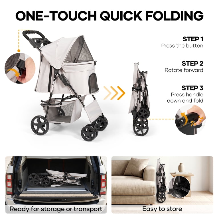 Naipo Pet Dog Stroller, Gray, One-Click Folding, Up to 35 lbs photo 5