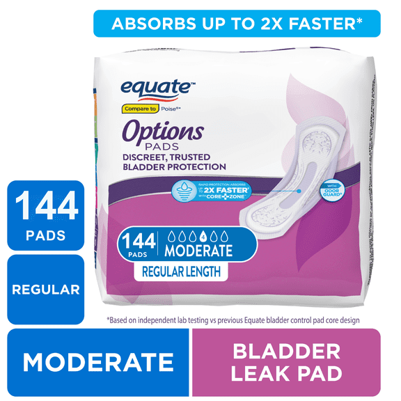 Equate Options Women's Incontinence Pads, Moderate Absorbency, Regular Length (144 Count), Compare to Poise®
