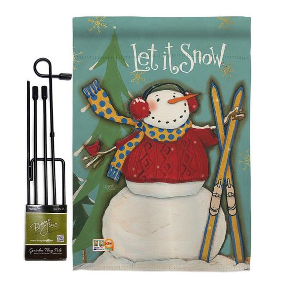 Breeze Decor BD-WT-GS-114160-IP-BO-D-US18-WA 13 x 18.5 in. Let It Snow Snowman Winter Wonderland Impressions Decorative Vertical Double Sided Garden Flag Set with Banner Pole