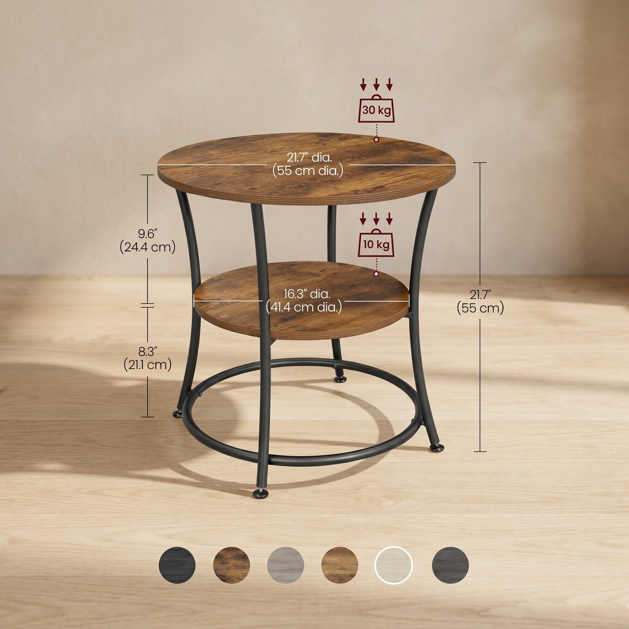 21.7 in. Rustic Brown and Ink Black Round 2-Tier Side Table with Industrial Steel Frame