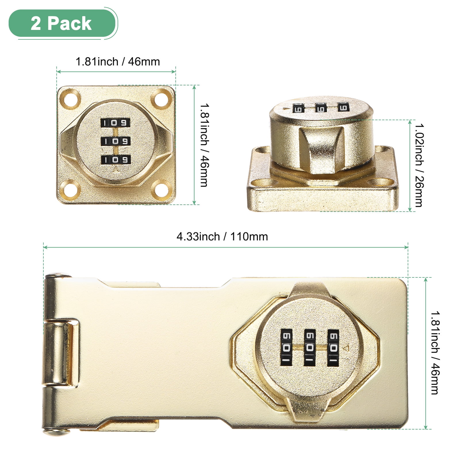2-Pack Keyless Combination Lock, 4.3" Zinc Alloy Mechanical Password Twist Knob Hasp Locks Latch, 90/180 Degree Barn Door Lock for Cabinet/Closet/Garage/Drawers/Garden [Gold]