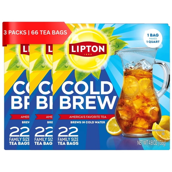 Lipton Cold Brew Iced Tea Bags, Family Size Zero Calories, Easy-To-Make with no boiling needed, 22 Total Tea Bags (Pack of 3)
